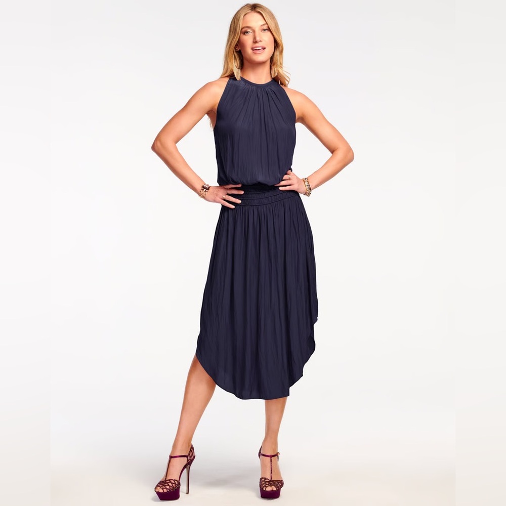 Ramy Brook Audrey Smocked Midi Dress in Navy